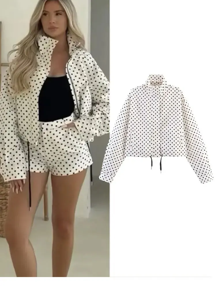 

HH 2022, осенняя женская повседневная куртка в горошек в стиле ретро с длинными рукавами, куртка на молнии с высоким воротником, модная женская уличная одежда Y2K