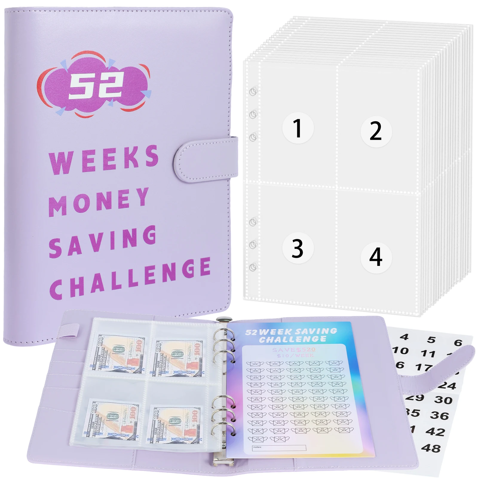 

52 Week Money Saving Challenge Binder Reusable PU Budget Binder Book with Cash Envelopes and Stickers Money Saving Binder