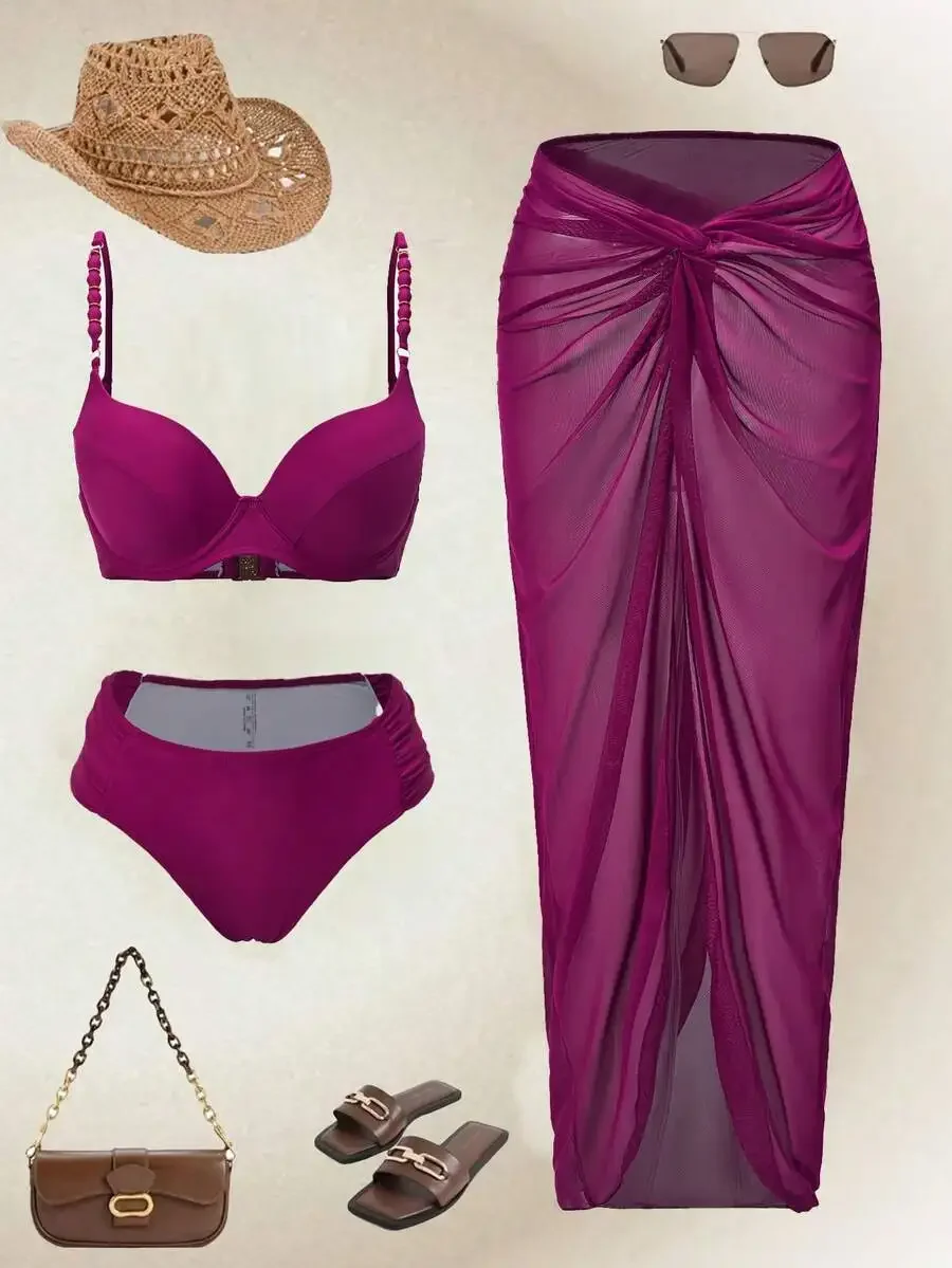 

Purple Underwire Gather Wrap Bikini Set With Skirt Beach Swimwear For Women