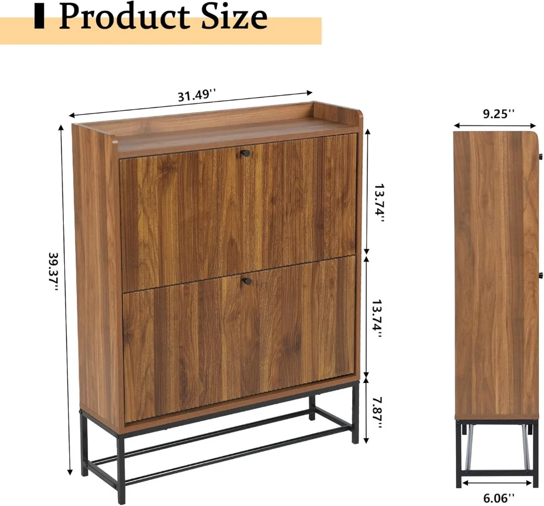 Fluted Shoe Cabinet with 2 Flip Drawers, Modern Slim Shoe Storage Organizer, Narrow Entryway Shoe Rack