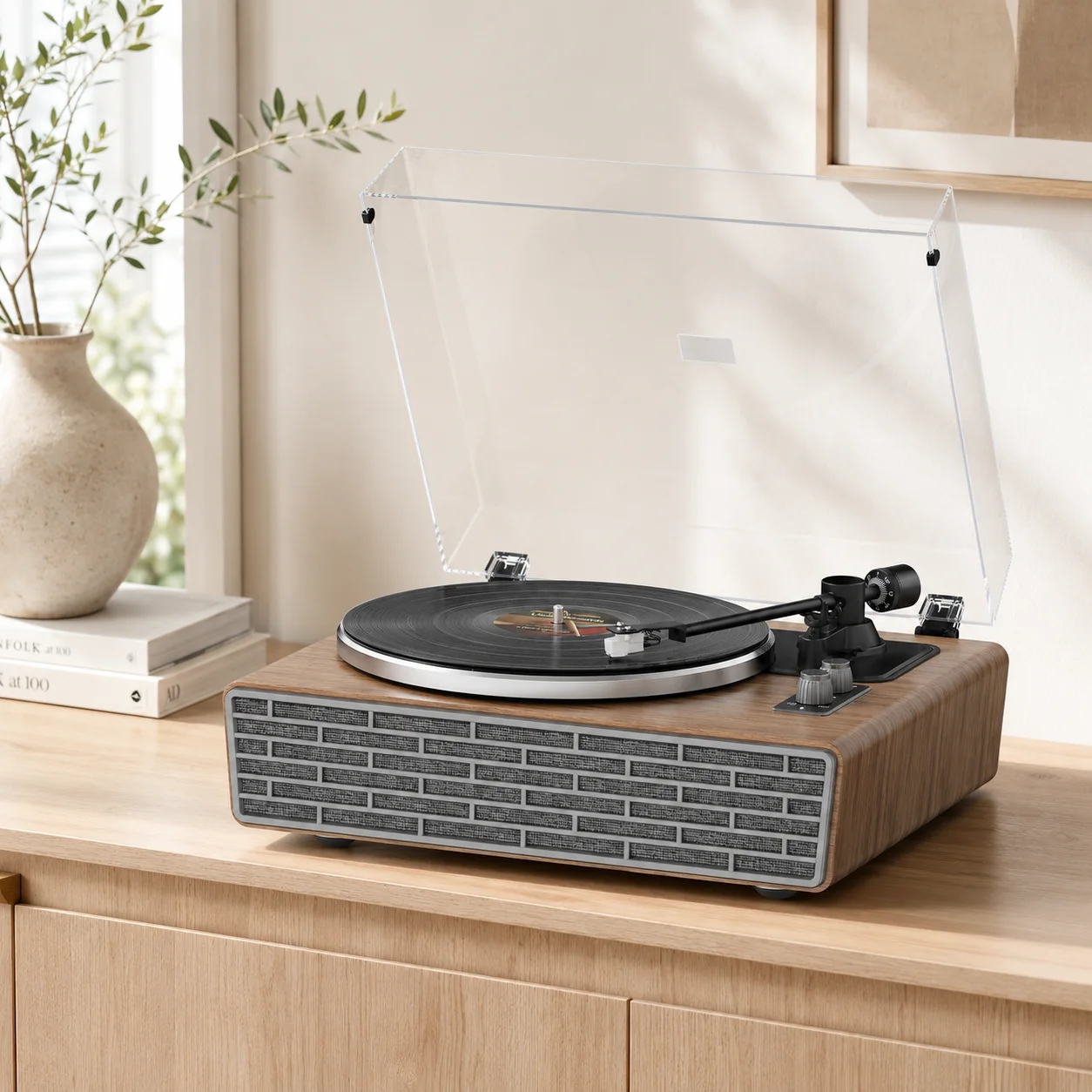 Vinyl Record Player with 4 Speakers and Bluetooth, 2-Speed Turntable with AUX In, RCA Out, Dust Cover