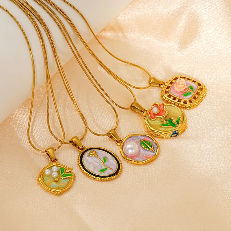 

10 шт., винтажная картина маслом, ювелирные изделия со змеиной цепочкой, нержавеющая сталь, 18-каратное позолоченное круглое ожерелье с цветком для женщин