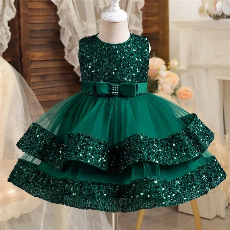 Abiti da bambino per feste di compleanno con paillettes 1 ° battesimo vestito da bambino senza maniche in Tulle vestito da principessa da sposa