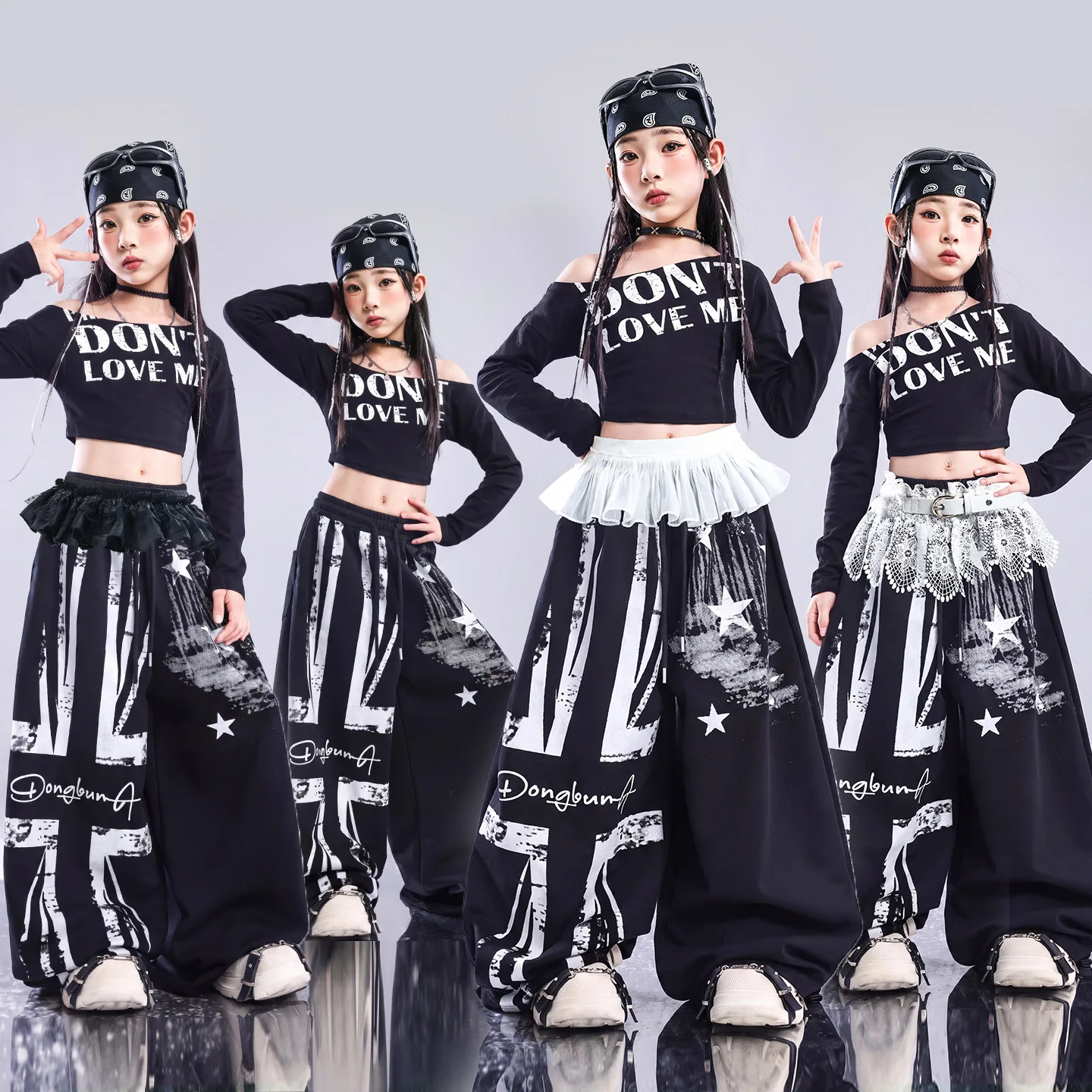Girls Hip Hop Off-shoulder Crop Top Black Loose Pants Child Streetwear Girl Group Costumes Kids K-pop Street Dance Clothes Sets