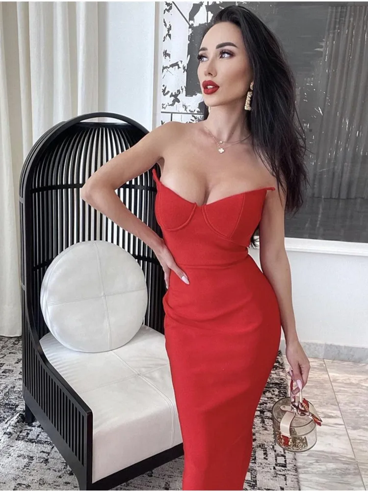 New Women Winter Sexy Strapless Backless Ankle Length Black Long Bandage Dress 2022 Elegant Evening Party Club Dress Vestidos