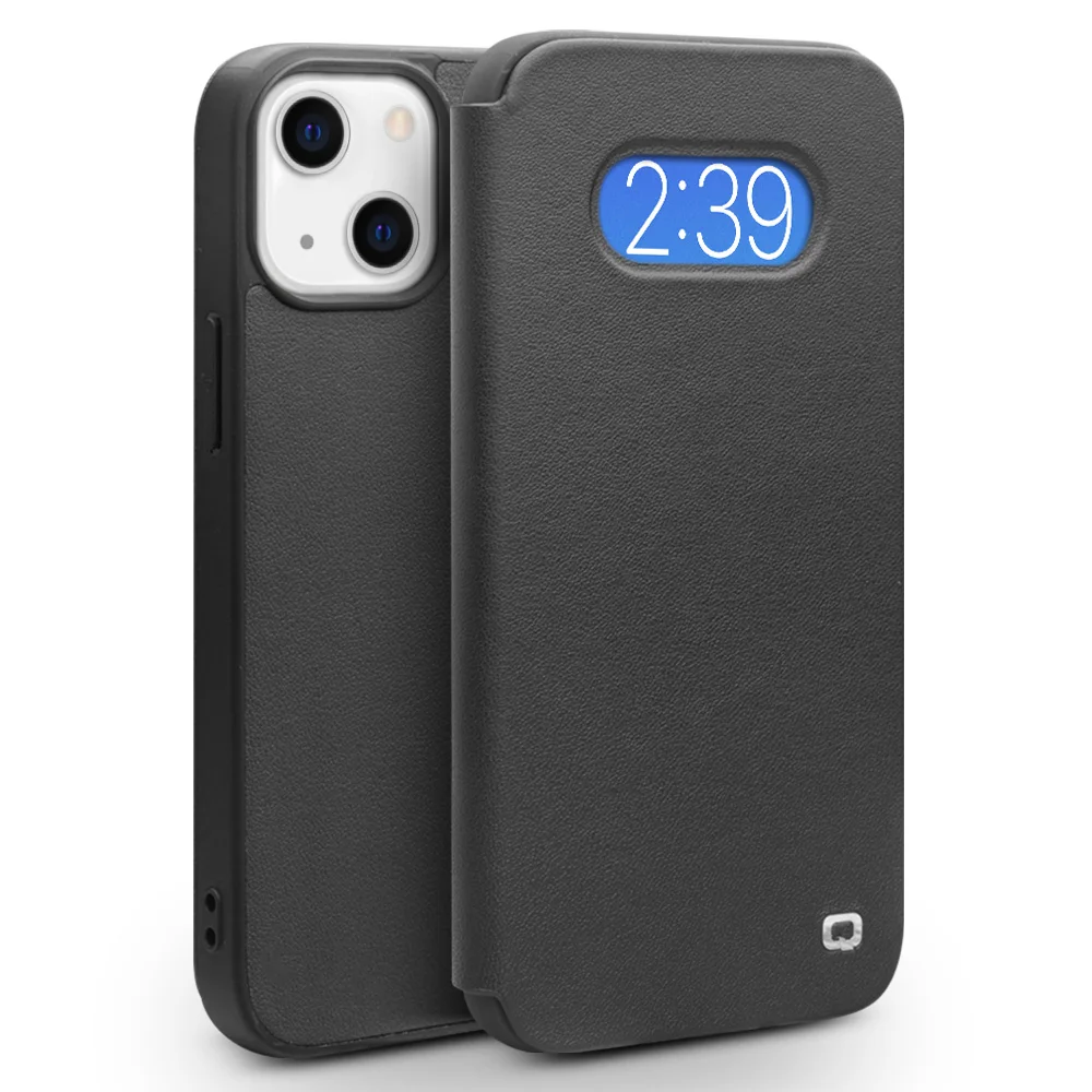 QIALINO Ultra mince bien protégé Flip Folio anti-rayures en cuir véritable housse de téléphone avec fenêtre de vue pour iPhone 13 mini 5