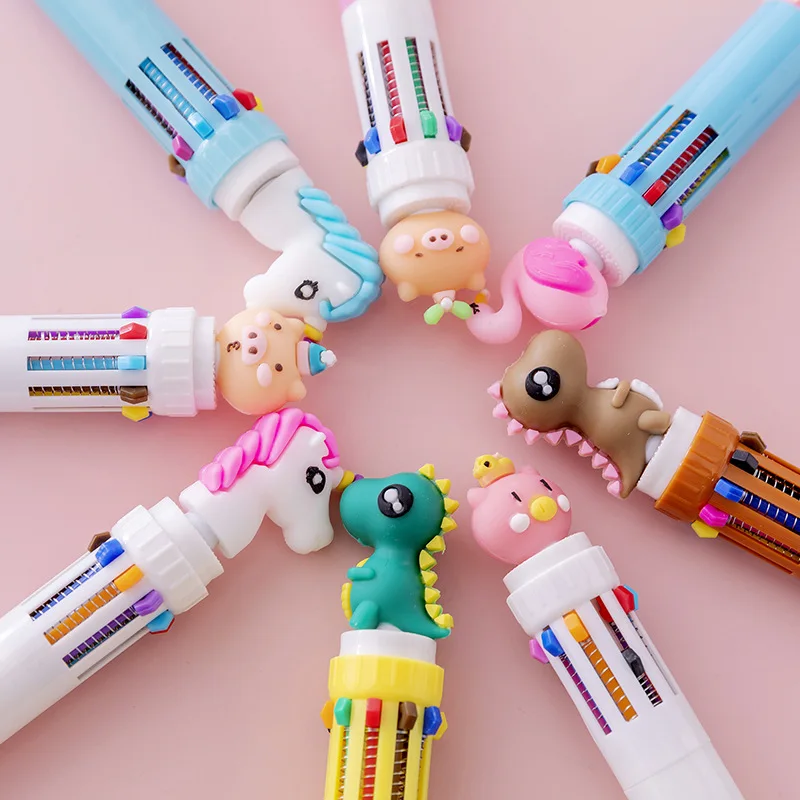 10Pcs/Lot Cute 10 Color Ballpoint Pen Multi-color Retractable Oil Pen Kawaii Unicorn Swan Dinosaur Office School Stationery Gift