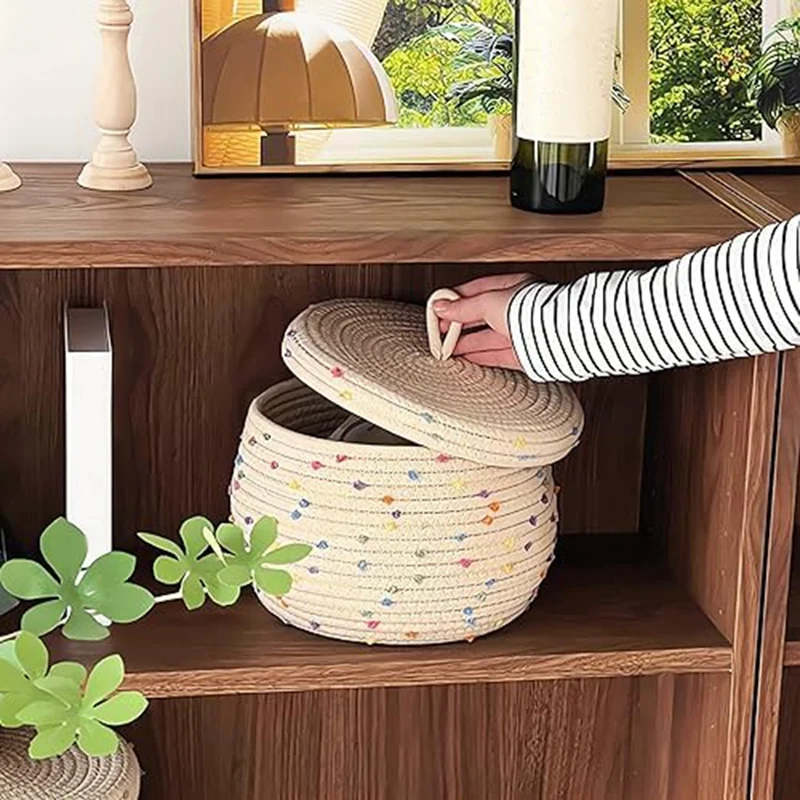 Small Rope Basket Small Decorative Toy Basket Small Round Woven Storage Basket With Lid For Organizing