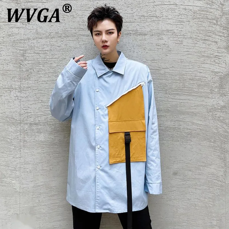 

WVGA Spring Summer New Man Tide High Street Patchwork Contrast Color Trendy Long Sleeve Shirts Handsome Niche Casual Shirt W9159