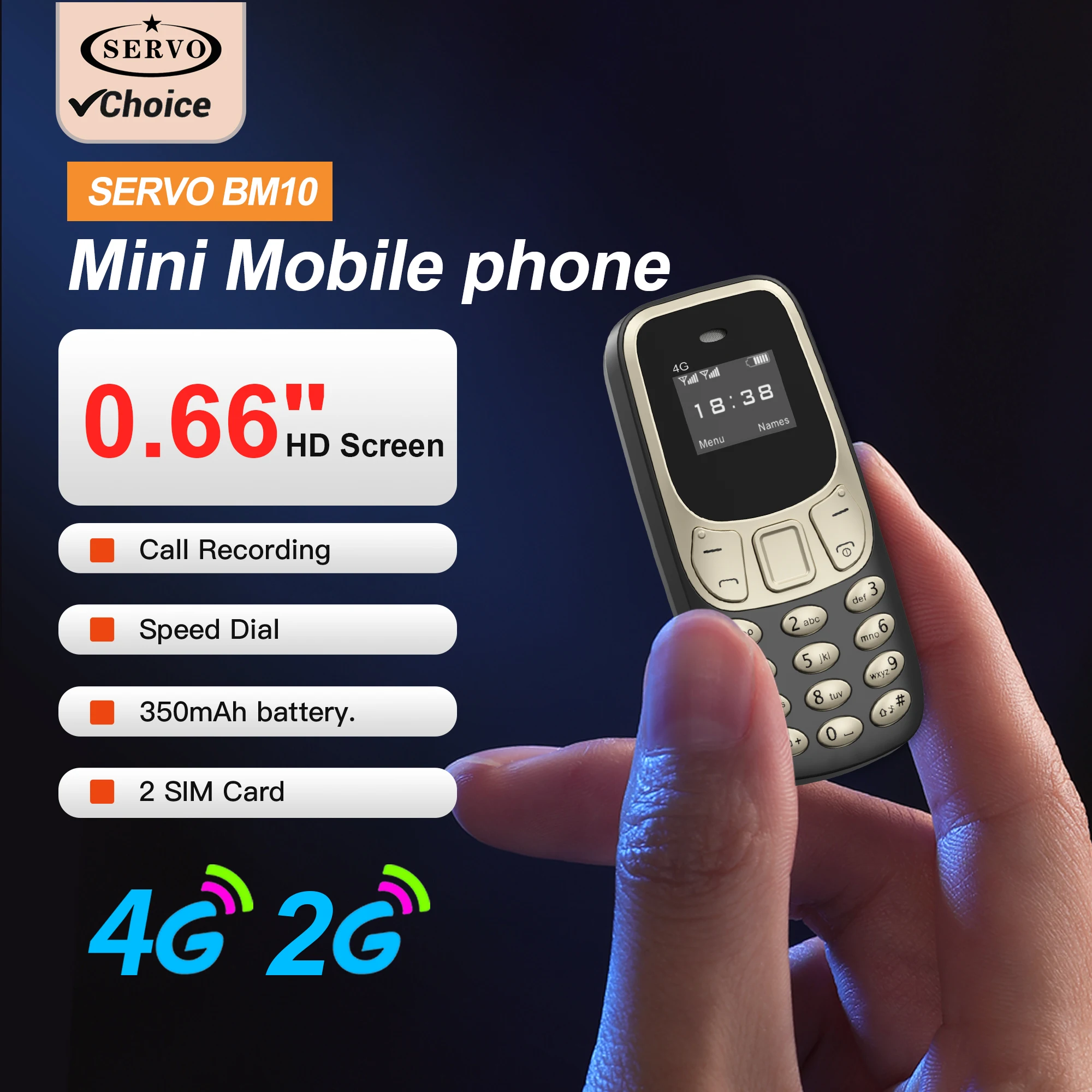 SERVO BM10 2G/4G Mini Feature Phone Dual SIM Speed Dial Magic Voice Blacklist Call Recording Low Radiation Pocket Mobile Phone