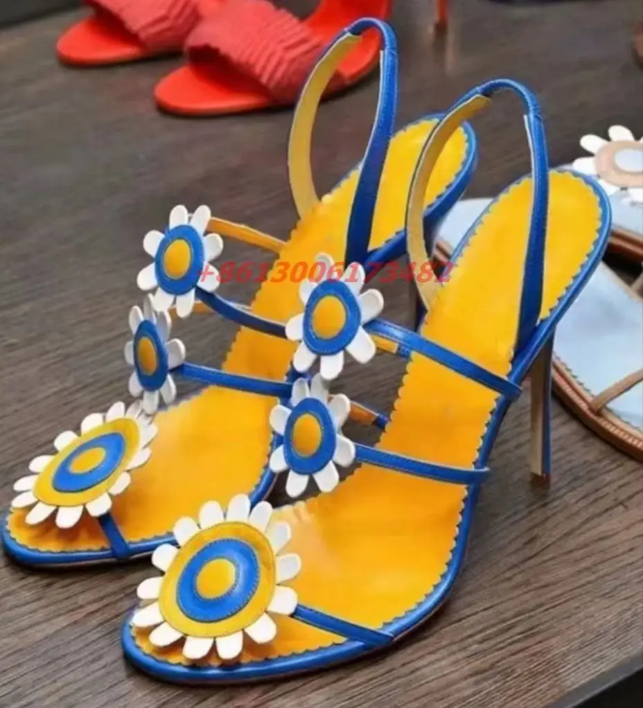 new design women match color sunflower high heel peep toe sandal sexy T strap high heel lady sunflower sandal plus size 44