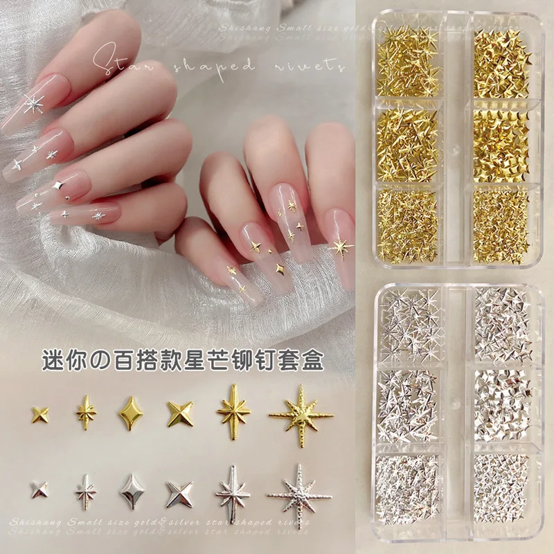 6 Grids Glossy Metallic Starlight Asterism Gold Silver Alloy Nail Art Rhinestones Decorations Manicure Rivets Studs Charms