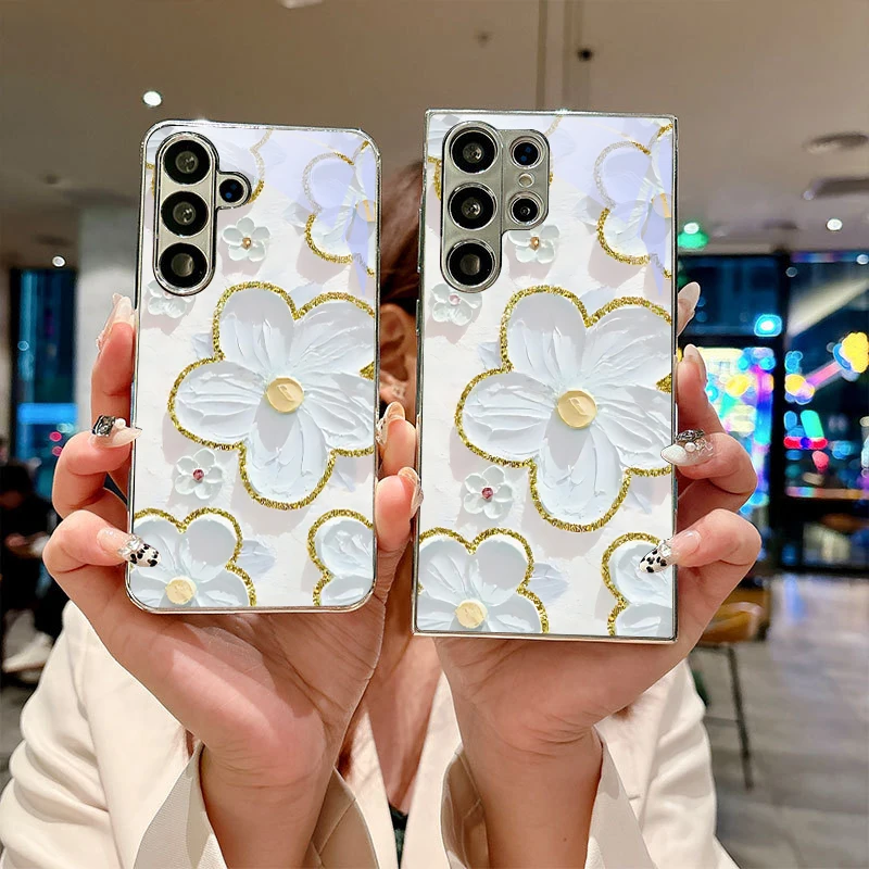 Edge White Blooms Electroplated Silver Phone Case For Samsung Note10 20 A06 A07 A12 A13 A14 A15 A16 A17 A22 A23 A25 Glass Cover