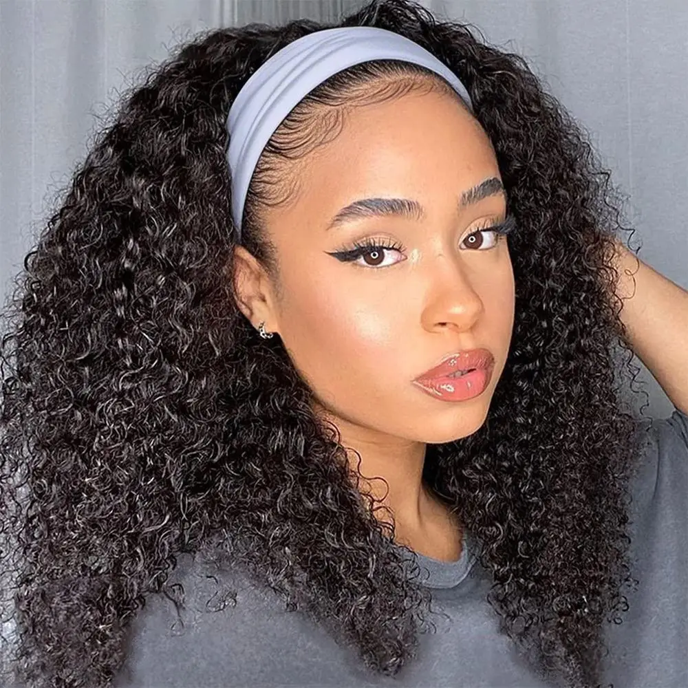 

18. Натуральные черные курчавые вьющиеся парики с повязкой на голову из человеческих волос - бесклеевые полупарики для чернокожих женщин