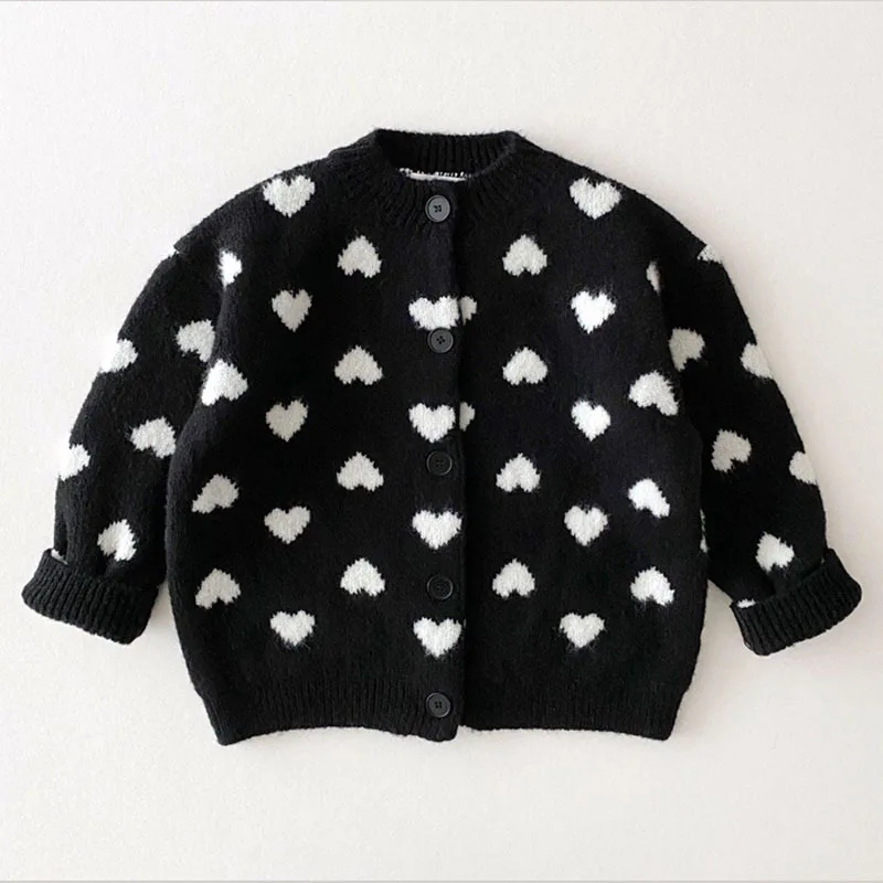 2024 Korean Spring Autumn Children Girls Cardigan Cotton Knitted Love Thick Warm Long Sleeve Soft Coat Infant Girls Outfit