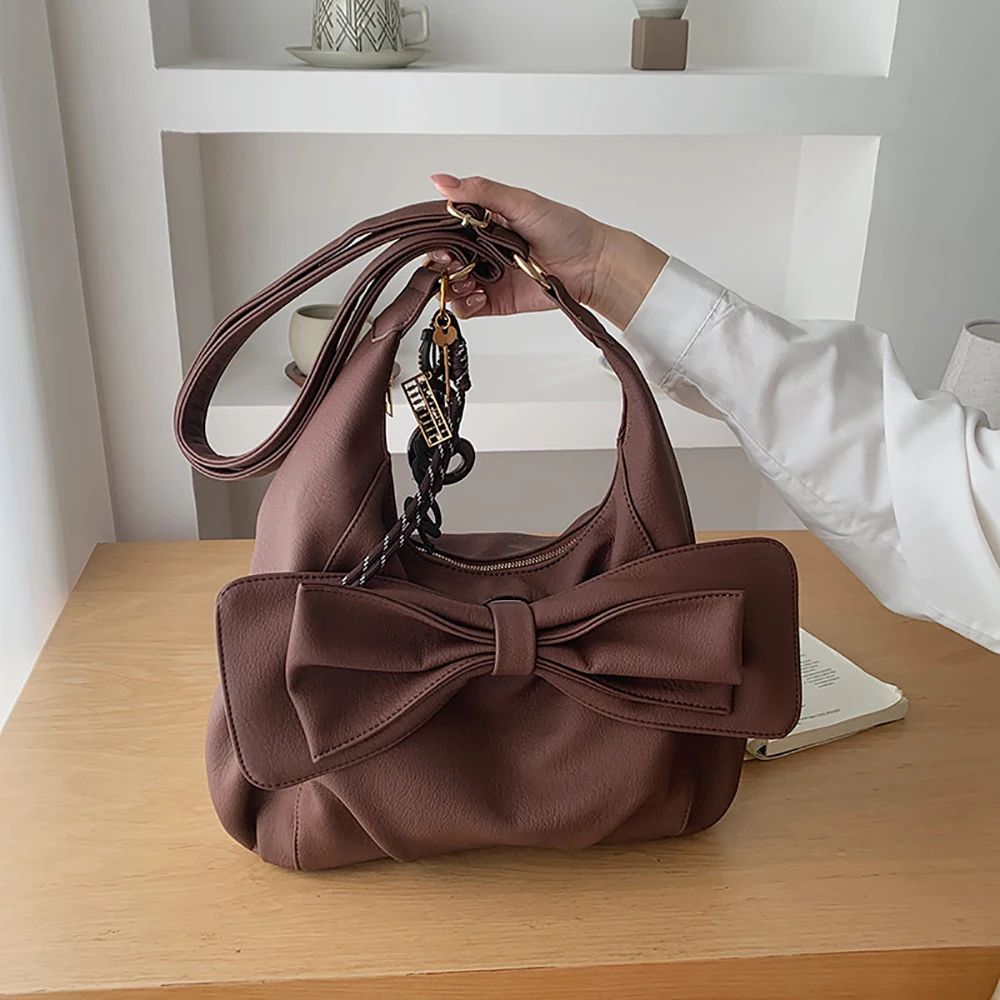Big Bowknot Shoulder Crossbody Bags for Women Preppy Style Pu Leather Pure Color Big Capacity Shopper Tote Bag 2026 Handbags