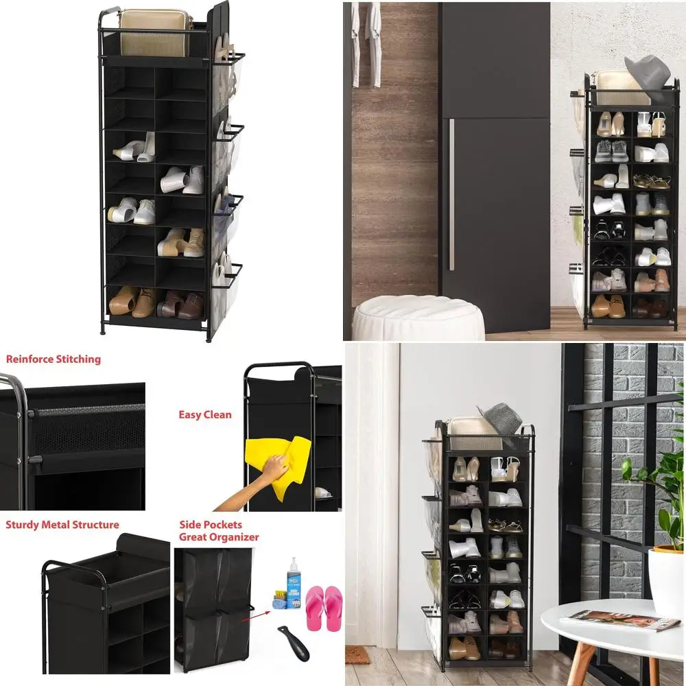 8-Tier Shoe Rack Tower with Top Shelf and Side Pockets, Black