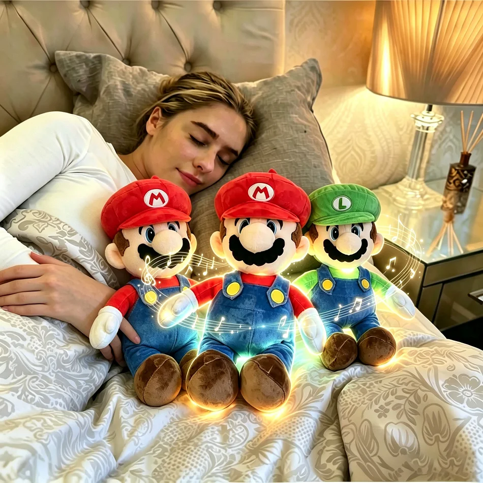 

45CM Cute Mario Baby Music Soothing Breathing Doll Mario Bro Plush Toy Kids Sleep Companion Toy Sound and Light Dolls Decor Gift