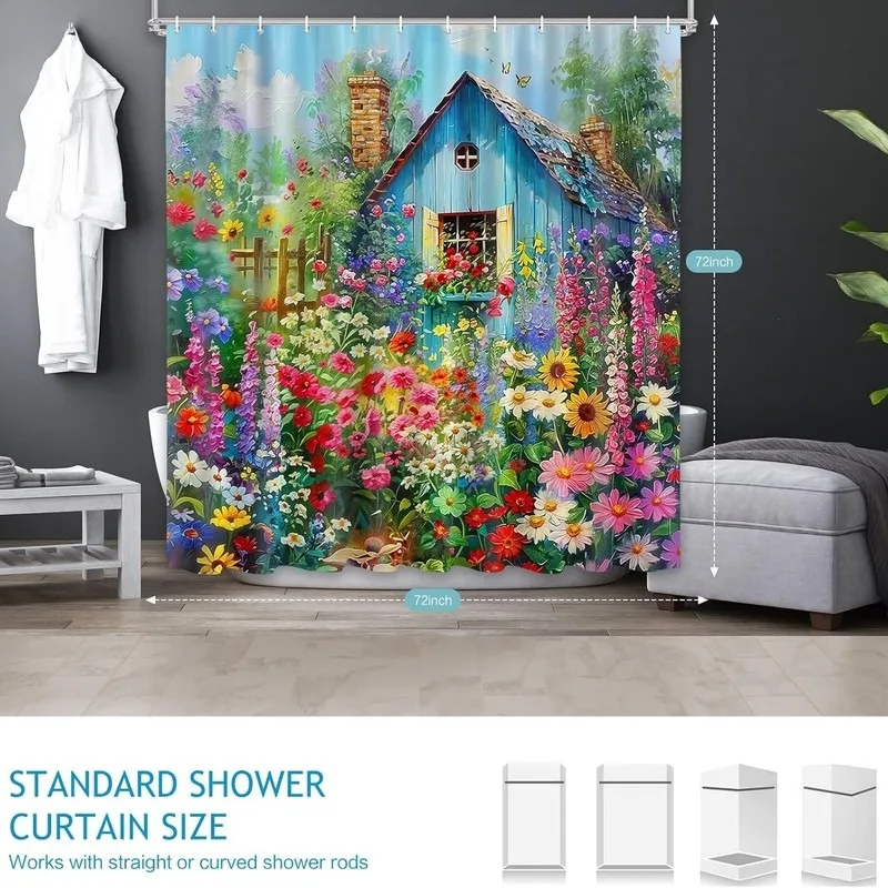 Blue No Drill Shower Curtain Floral Garden Oil Painting Print Bathroom Decor with 12 Hooks Waterproof Polyester Fabric