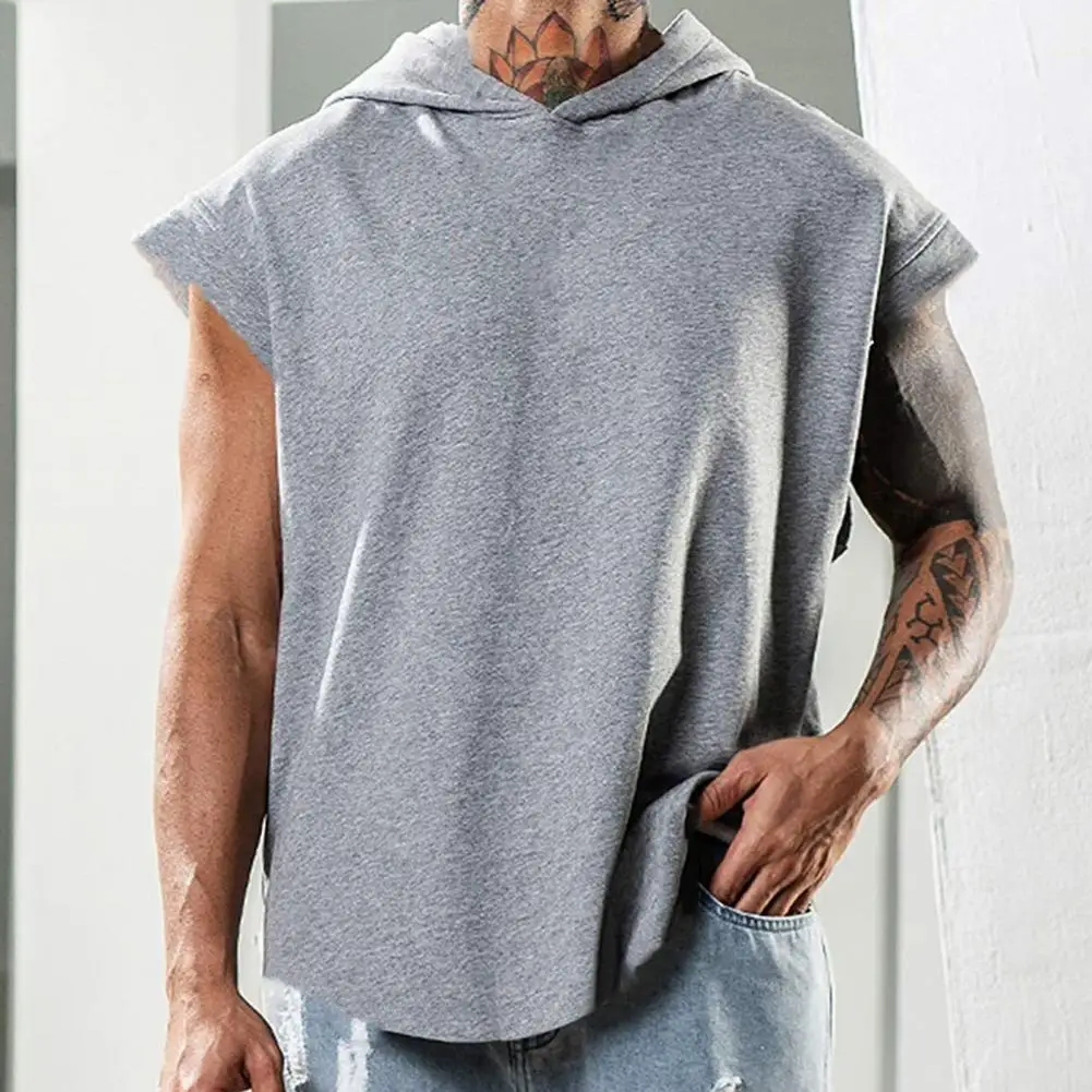 

European And American Summer Shirt Men's Solid Sleeveless Loose Sports Fitness Hooded T-shirt Sweat Absorption Leisure T-shirt