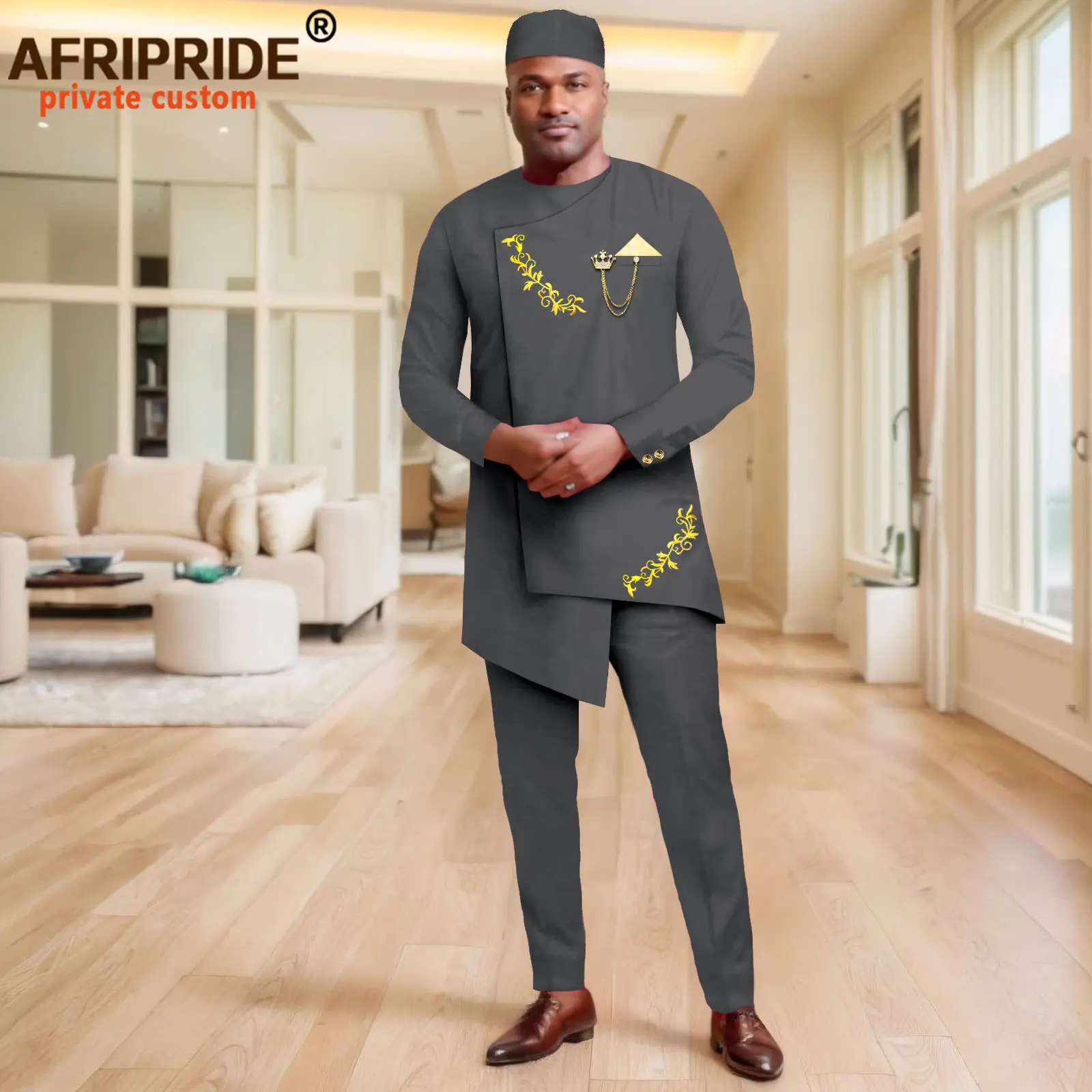 African Suit for Men Slim Fit Embroidery Blazer Pants Hats 2 Piece Set Dashiki Outfits Bussiness Suit Wedding Jacket 2416057