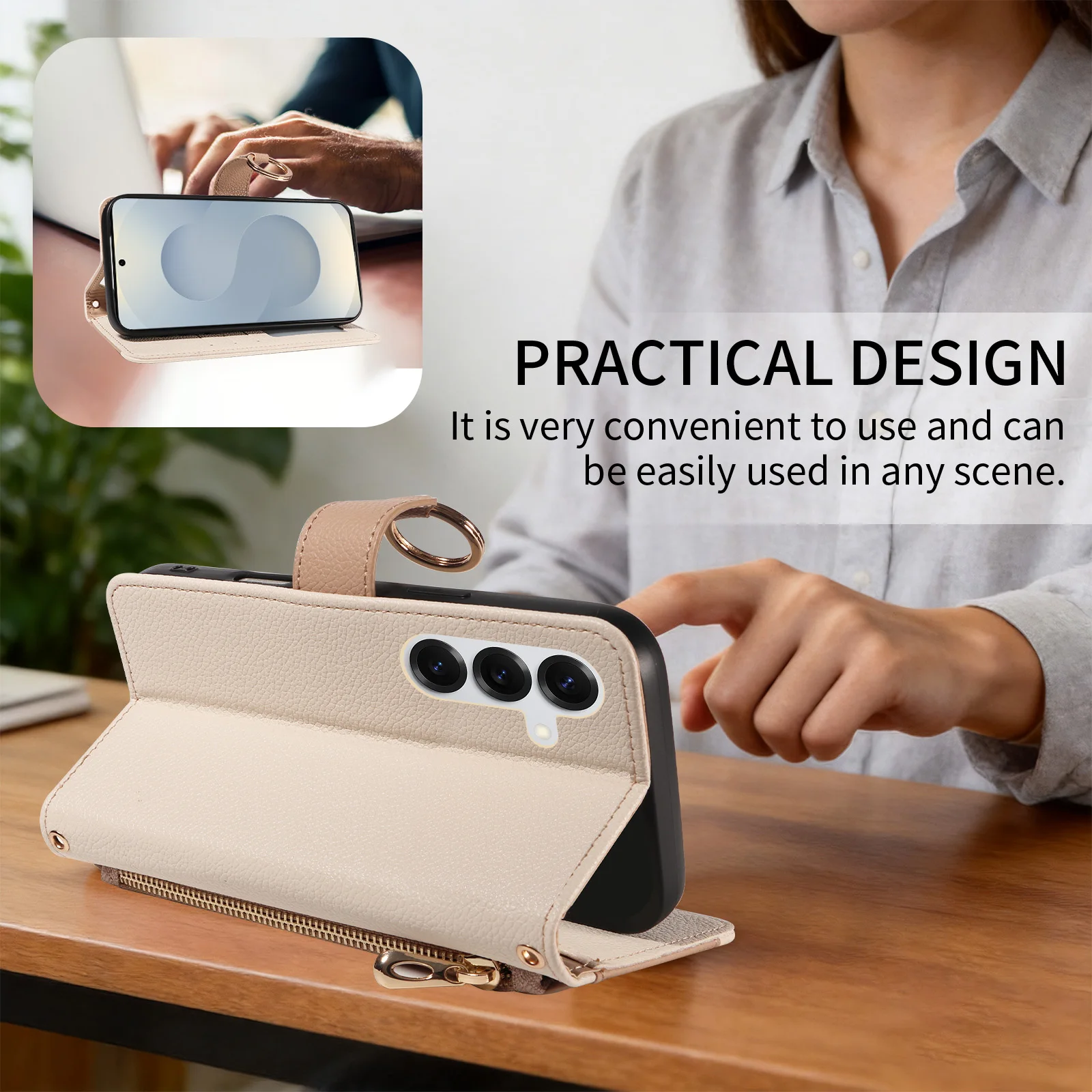 Patchwork-Ring-Reißverschluss-Brieftaschen-Schutzhülle für Samsung S26Ultra S25 Plus S24+ S23 S22 S21 S20 Fe Handyhülle mit Münzfach und Umhängegurt Kunstleder-Handytasche – Detail 9