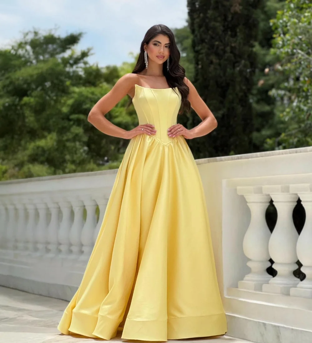 Customized Matching Simple Yellow Pleat Ruched A-line Strapless Long Dresses Evening Dresses Exquisite Sizes Available