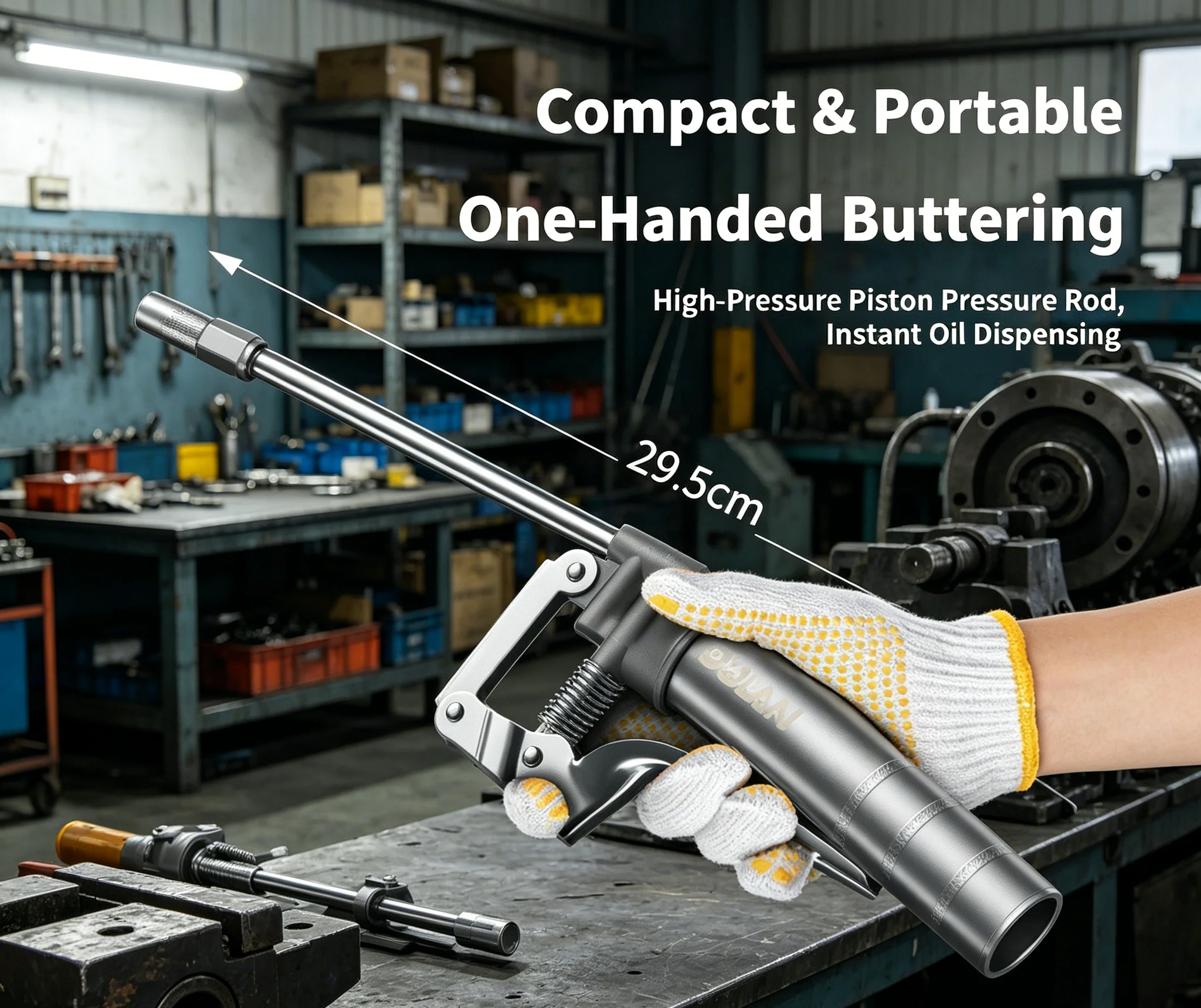Industrial-Grade Hand Grease Gun: 29.5cm Length, 120cc Reservoir, Dual-Tube Setup, for Low-Volume Lubrication Tasks