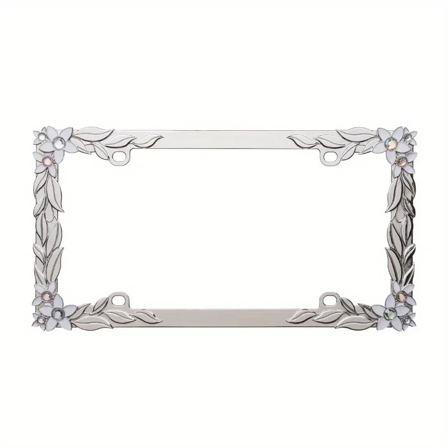 إطار لوحة ترخيص معدني فضي، معدن مطلي بالكروم، سهل التركيب، اعتماد تصميم ديزي ثلاثي الأبعاد