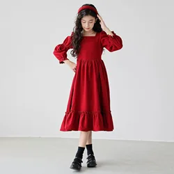 2026 spring winter Europe retro Kids Baby girl clothes red long sleeve tutu party princess Dresses teenager 4 8 9 10 11 12 year