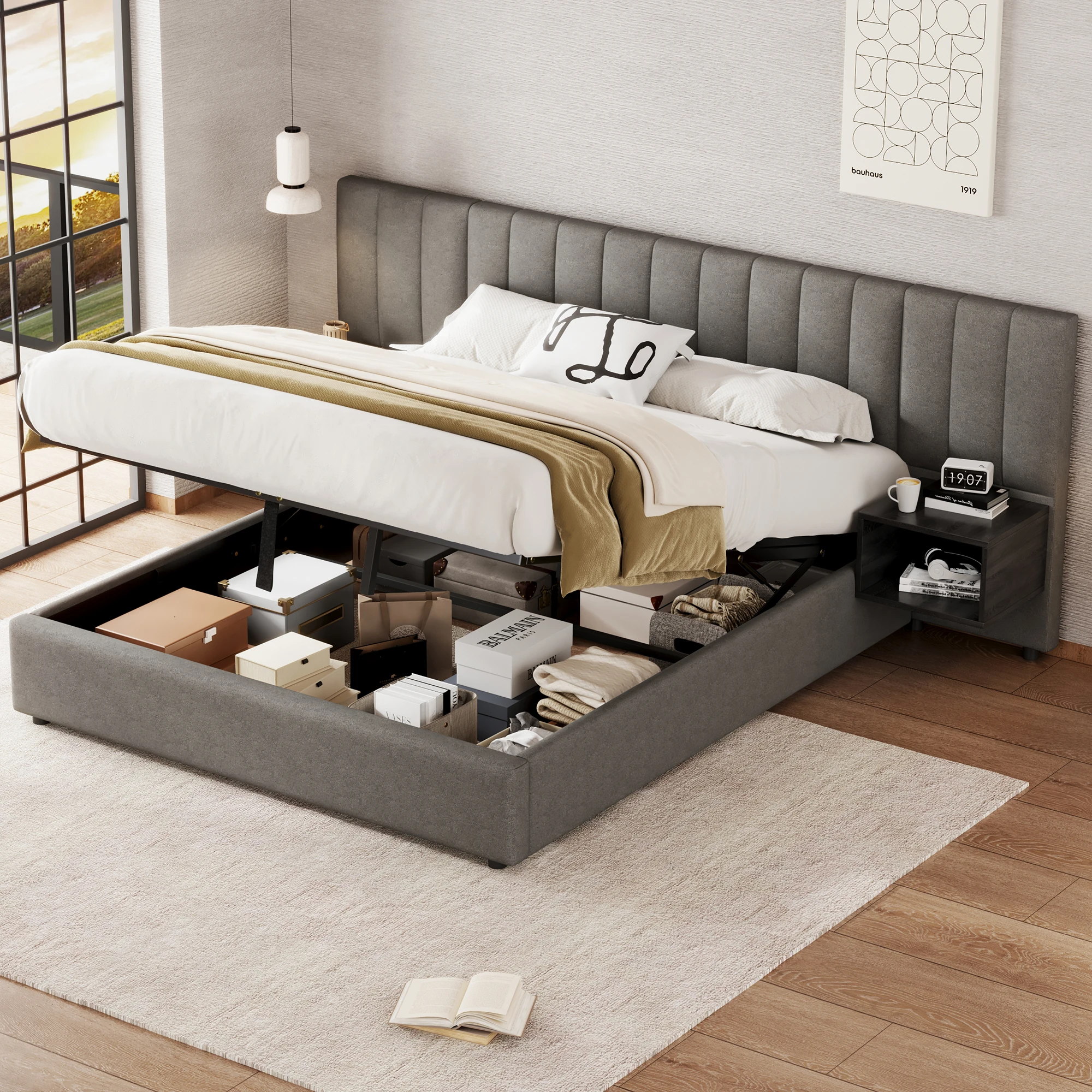 Cama tapizada de 160x200 cm con almacenamiento hidráulico y 2 mesitas de noche, cama doble de lino, gris/negro, sin colchón
