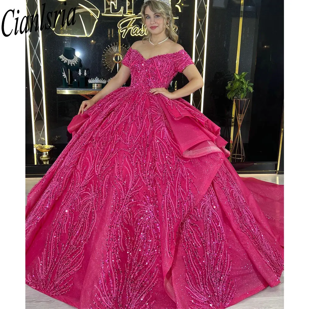 Fuchsia Off The Shoulder Ruffles Quinceanera Dresses Ball Gown Luxury Sequined Beading Crystal Sweet 15 Birthday Party