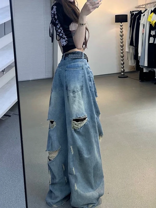 American High Street Sle Damen-Sommer-Jeans mit lockerem, weitem Bein, zerrissene Denim-Hosen, lässiges Vintage-Design, kleine Größe, freundlich