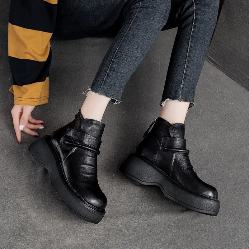 

Ankle Boots Women Leather Shoes Handmade Genuine Leather Women Black Wedge Heels Chelsea Boots Sale Casual Motorcycle 2023