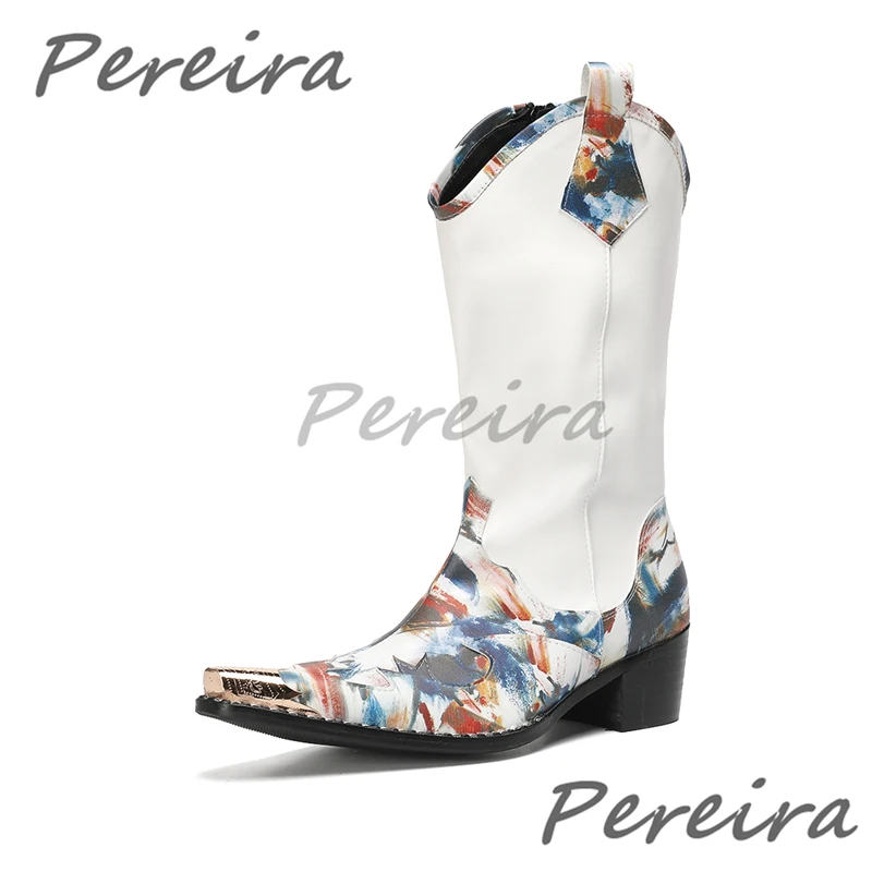 White Genuine Leather Chelsea Boots for Men Fashion Mixed Colors Metal Pointy Toe High Heel Calf Boots British Style Dress Shoes