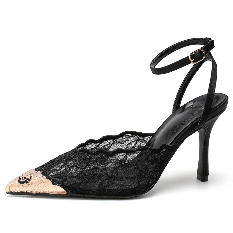 

Французские сексуальные туфли на высоком каблуке с кружевной сеткой и острым носком, босоножки-шпильки с ремешком на щиколотке, женские дышащие туфли для вечеринок, клубов, свадеб, большие размеры