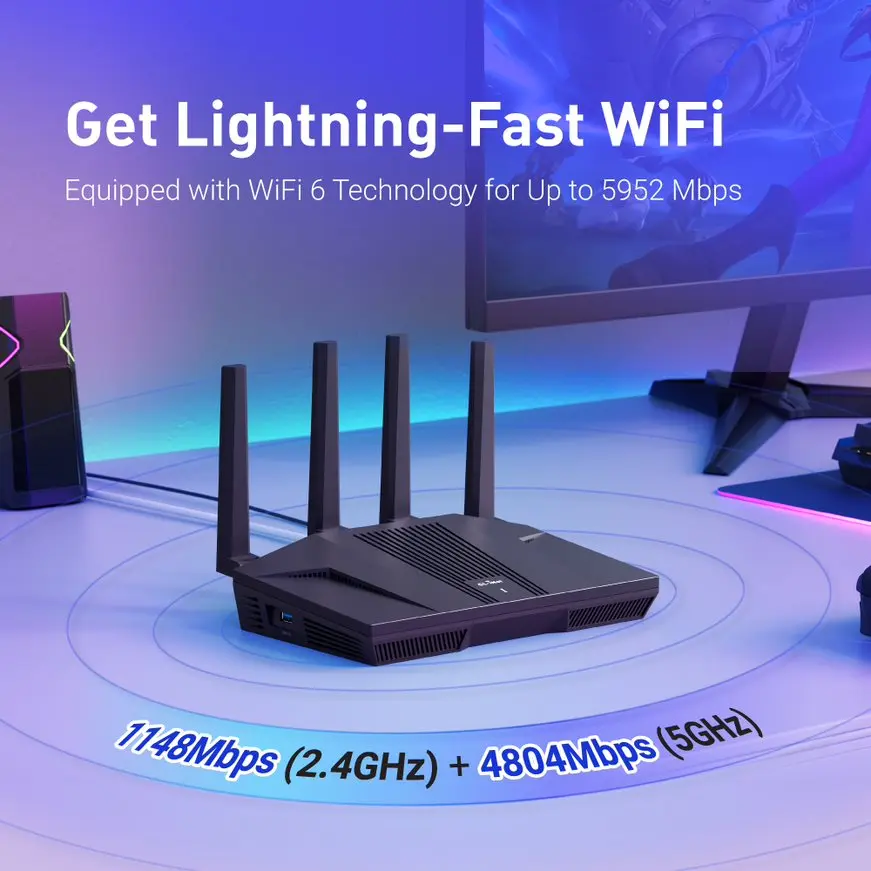 GL.iNet GL-MT6000 (Flint 2) WiFi 6 أجهزة توجيه ألعاب عالية السرعة للإنترنت اللاسلكي، 2 × 2.5G منافذ إيثرنت، جهاز توجيه VPN WiFi
