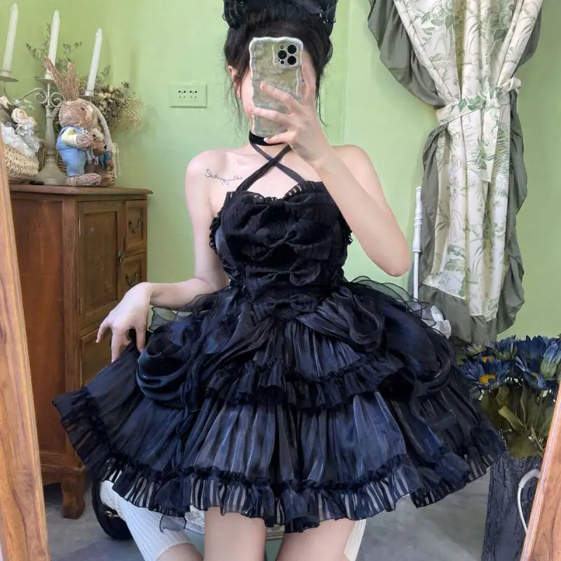 Japanische süße lolita jsk anzug kleid gotische frauen spitze bogen rüschen tee party ärmellose kleider sommer mädchen kawaii y2k punk