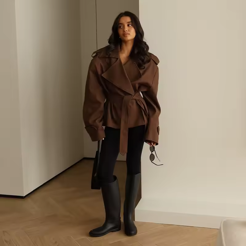 F New Fashion Lace up Cropped Trench Coat Women Lapel Long Sleeves Wide Shoulder Windbreaker Jacket Fall Commuting Daily Jackets - Image 11