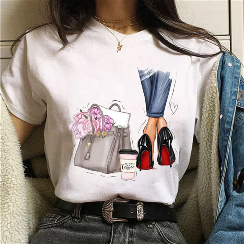 Luksusowa moda Wysokie obcasy Buty Nadruk Kobiety T Shirt Lato Śmieszne 90s Hip Hop Punk T Shirt Hipster Streetwear T-shirt Odzież — zdjęcie 3