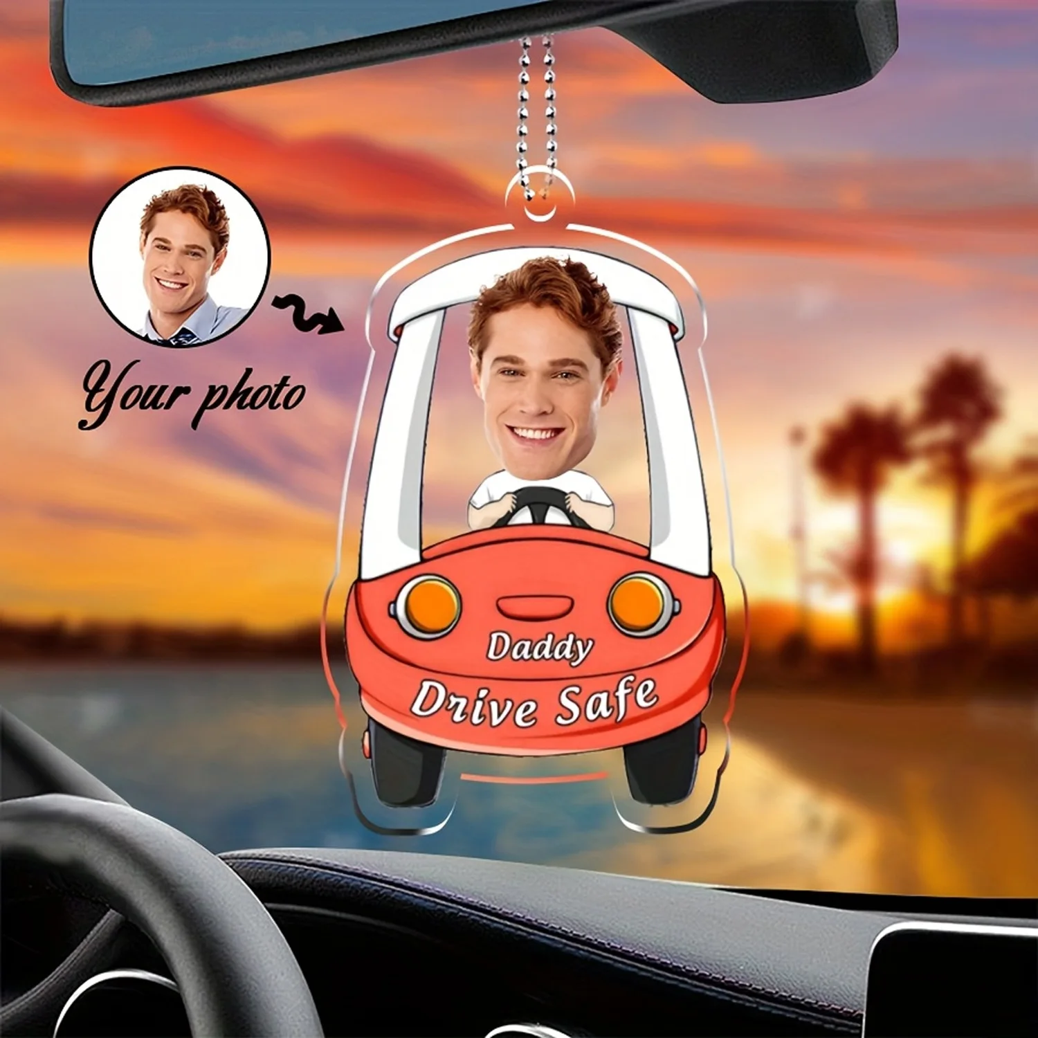 Custom Photo Text Car Hanging Ornament, Personalized Acrylic Rear View Mirror Pendant, Drive Safe Custom Car Decor Gift