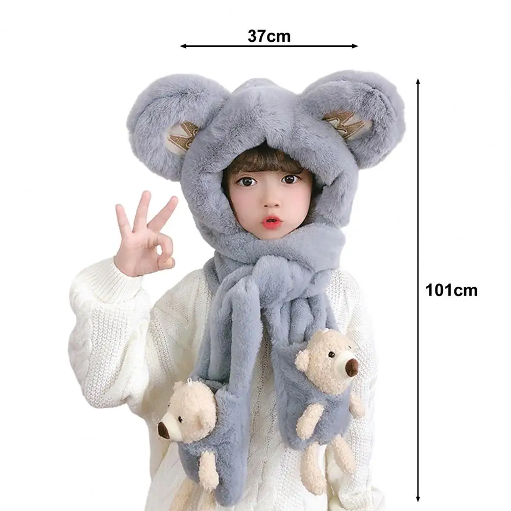 Cute Winter Thickened Plush Kids Hat Neck Scarf Gloves 3 in 1 Ear Protection Hat Cartoon Bear Decor Boys Girls Holiday Hat