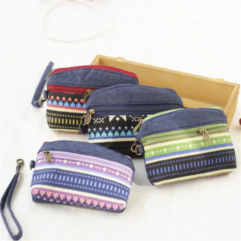 Porte-monnaie en tissu de coton ethnique pour femmes, pochette, porte-cartes, portefeuille pour enfants, double fermeture éclair, porte-monnaie