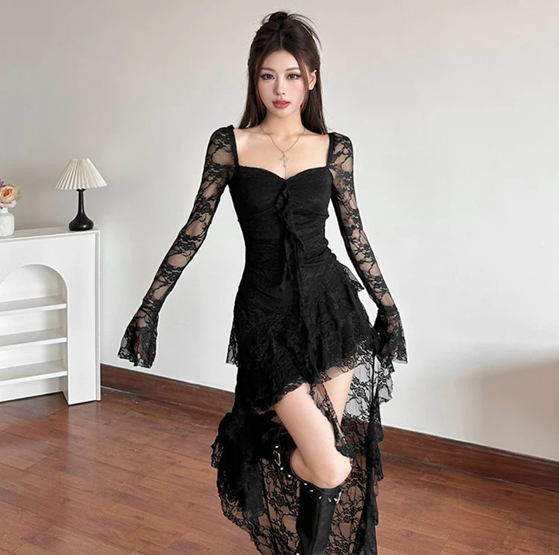 Robe blanche transparente en dentelle, Sexy, couches irrégulières, maille, gaze, longue queue de traînée, élégante, Slim, robes de soirée