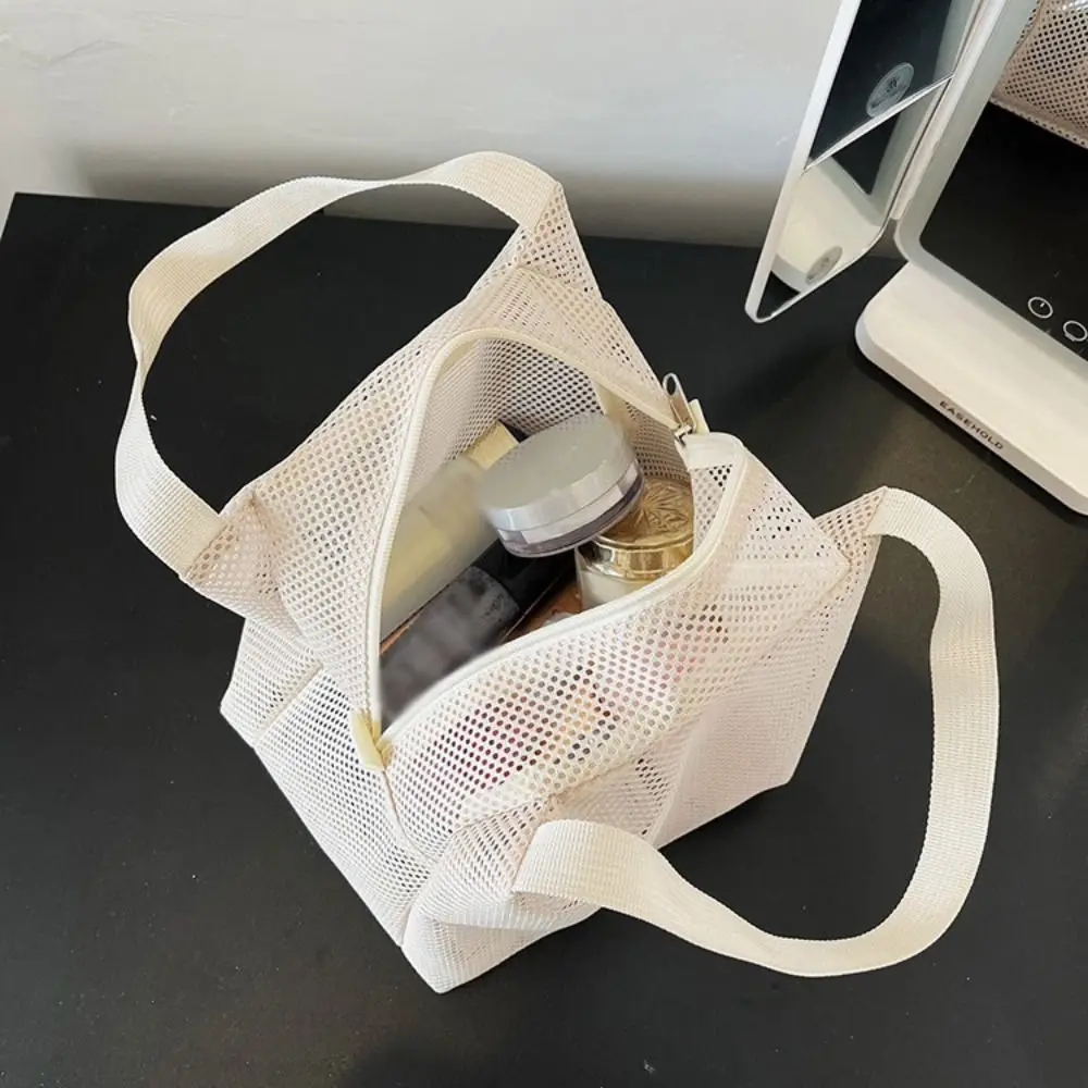 

Casual Mesh Tote Beach Bag Large Capacity with Handle Cosmetic Zipper Pouch Zipper Solid Color Bath Storage Handbag Gym