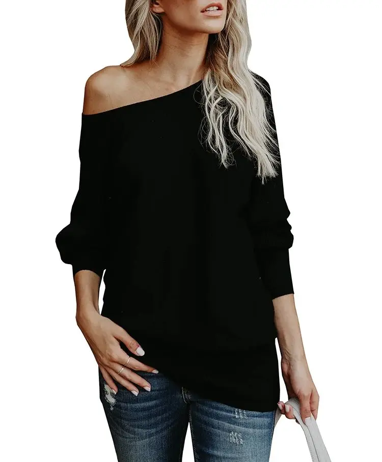 Women\'s Off Shoulder Knit Sweater Casual Knit Long Sleeve Sweaters Solid Boat Neck Pullovers Knitted Tops For Women Fall Winter