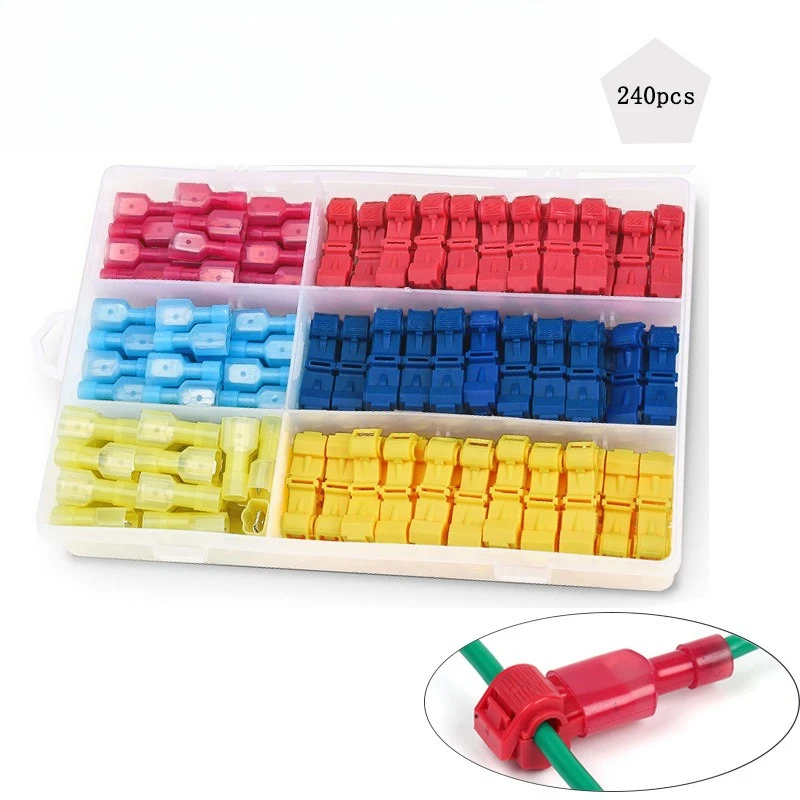 120/240Pcs T Type Quick Splice Wire Terminals Kit Insulated No Cut Cable Branch Connector Assortment Box