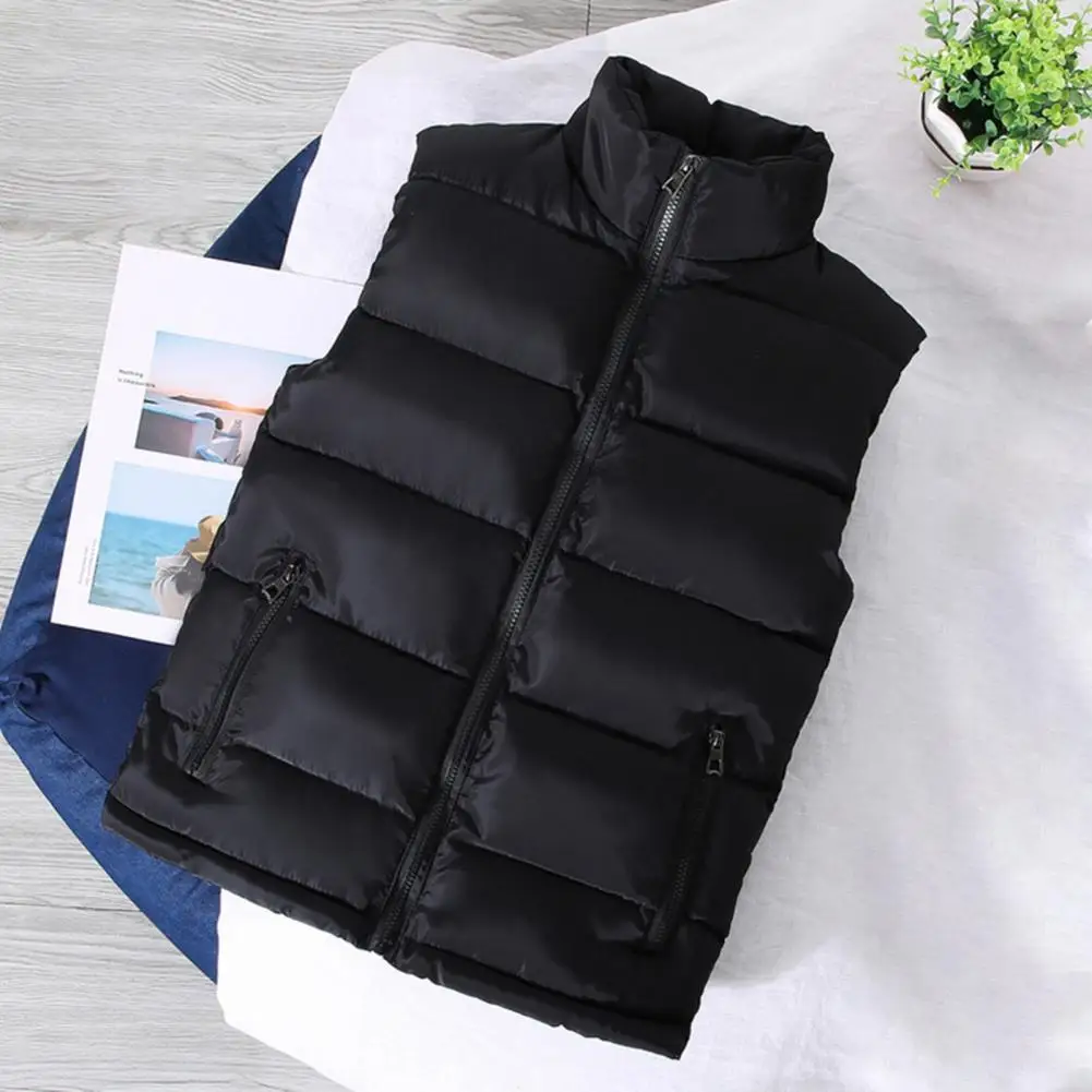 Autumn Winter Men Vest Solid  Color Thickened Stand Collar Zipper Sleeveless Jacket for Daily Wear Windproof Warm Waistcoat