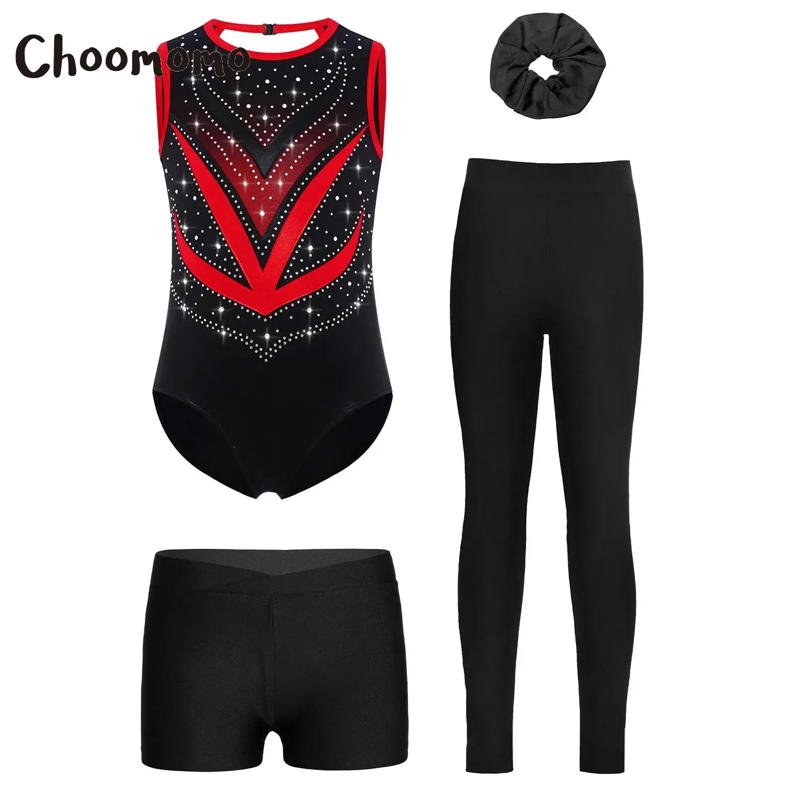 

Ballet Gymnastics Sets Sports Figure Skating Dance Outfit for Kids Girls Sleeveless Color Block Leotard Shorts Leggings Costume