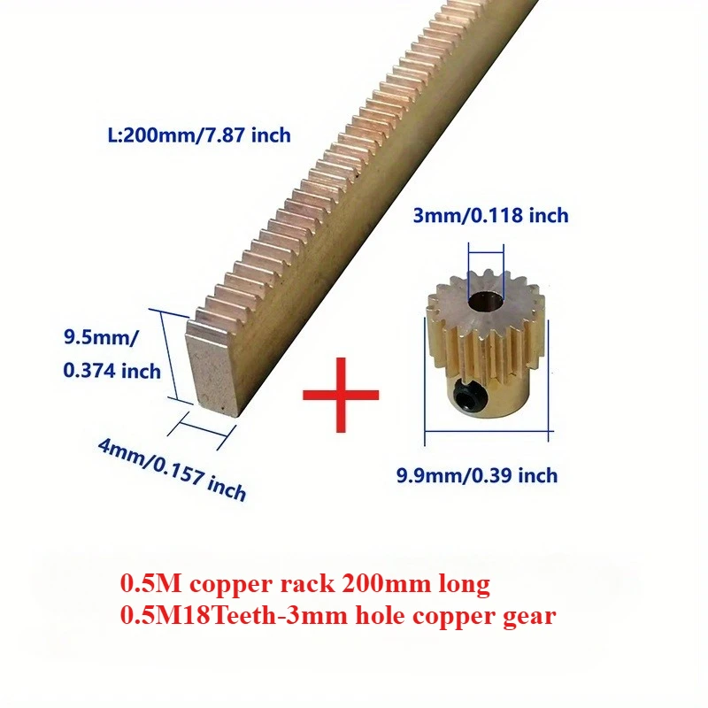 0.5M copper rack 200mm long and 0.5M18Teeth-3mm hole copper gear Spur Gear Brass Pinion Step Gear For Transmission Accessories